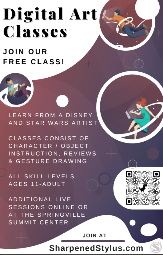 Digital Art Classes  Join our Free Class  Learn from a Disney and Star Wars Artist  Classes consist of character/object instruction, reviews, and gesture drawing.  All skill levels ages 11-adult  Additional live sessions online or at the Springville Summit Center.  Join at SharpenedStylus.com 