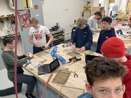 Students are hard at work Completing the Capstone Projects of the semester. We have some Designing and then creating custom Cutting Boards. While others are quickly laying out and framing their scale model buildings. 