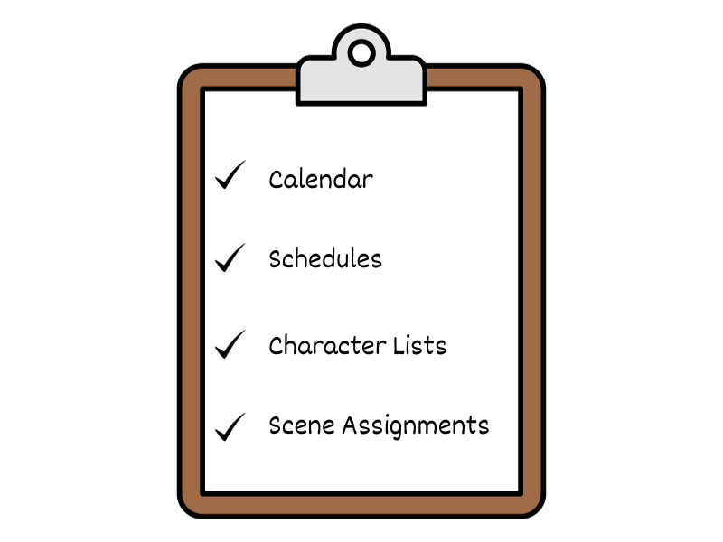 Calendar, Schedule, Character Lists, Scene Assignments