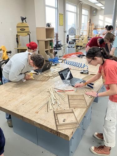 Students are hard at work Completing the Capstone Projects of the semester. We have some Designing and then creating custom Cutting Boards. While others are quickly laying out and framing their scale model buildings. 